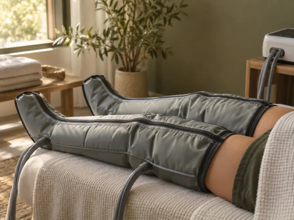 Persona recibiendo un tratamiento de presoterapia en las piernas