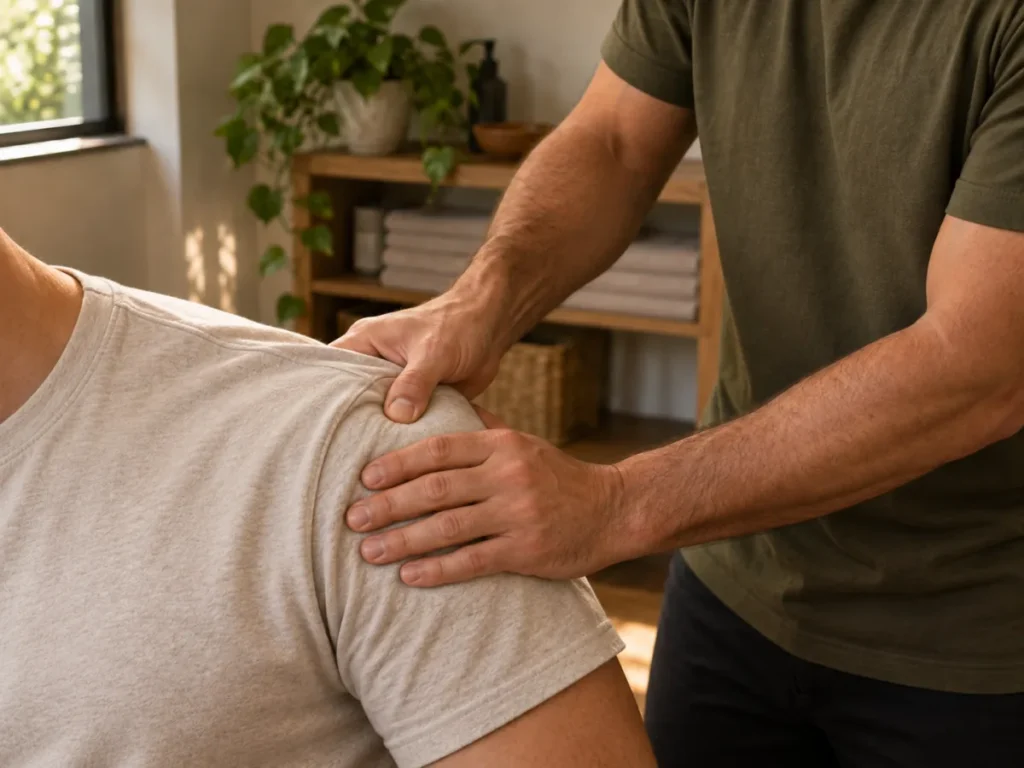 Masajista trabajando la musculatura de la espalda con las manos